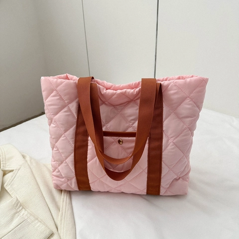 Borsa Tote Trapuntata da Donna Grande Capacità Borsa a Spalla Imbottita in Cotone Trendy Borsa a Mano con Cuciture Geometriche