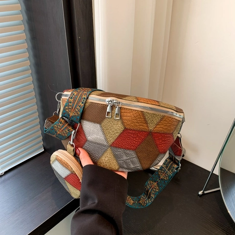 Riñonera Retro de Patchwork Geométrico para Mujer Bolso de Pecho de Cuero PU Con Monedero Redondo Correa Étnica