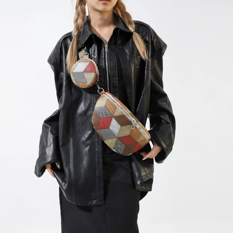 Riñonera Retro de Patchwork Geométrico para Mujer Bolso de Pecho de Cuero PU Con Monedero Redondo Correa Étnica