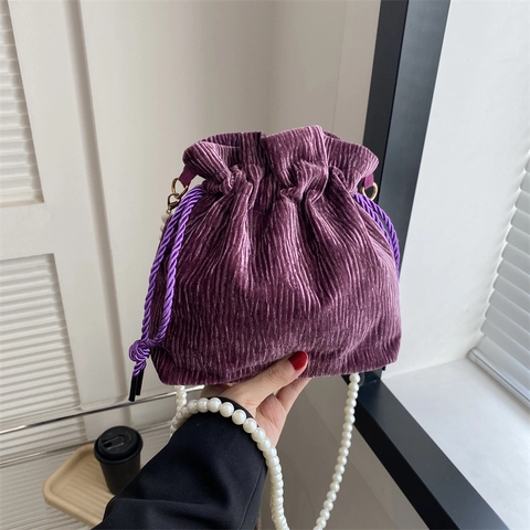Bolso Cubo Plisado de Pana Vintage Con Cadena de Perlas Artificiales Cordón Bolso de Hombro para Mujer Moda