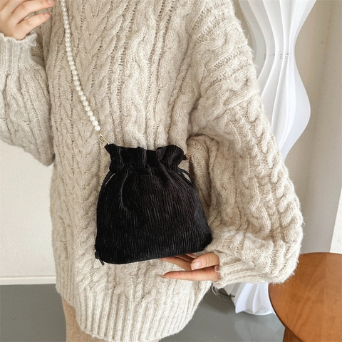 Bolso Cubo Plisado de Pana Vintage Con Cadena de Perlas Artificiales Cordón Bolso de Hombro para Mujer Moda