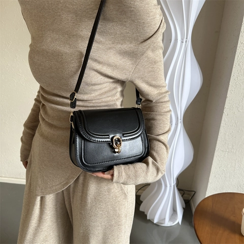 Borsa a Tracolla da Donna in Pelle PU Retro Tinta Unita Quadrata Con Fibbia Dorata Borsa a Mano Moda Semplice