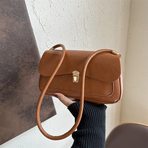 Women's Retro PU Leather Shoulder Bag Solid Color Underarm Bag With Golden Metal Buckle Minimalist Casual Crossbody Square Handbag