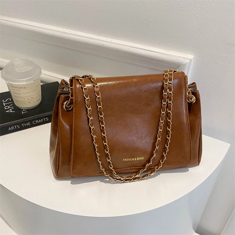 Bolso Tote de Cuero PU de Moda para Mujer Bolso de Hombro con Cadena Vintage Color Sólido Gran Capacidad Bolso Bandolera Urbano