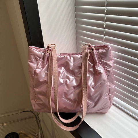 Fashion Women Quilted Puffy Tote Bag Metallic Large Capacity Winter Shoulder Bag Casual Soft Padded Handbag Shopping Bag