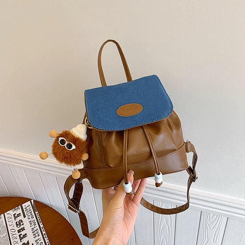 Vintage Mini PU Leather Denim Backpack For Women Girls Cute Drawstring Small School Bag With Plush Monster Pendant Contrast Color
