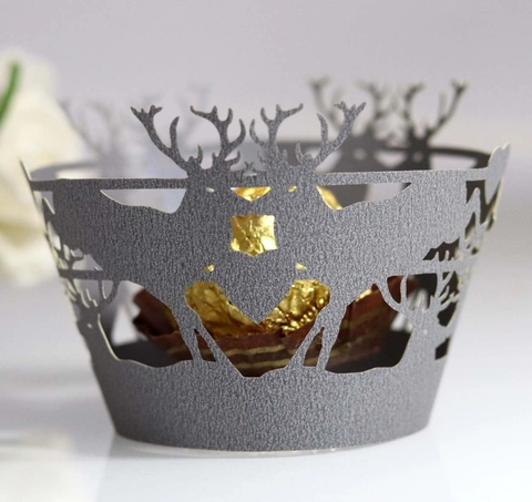 Festive Reindeer Heart Laser Cut Cupcake Wrappers Pearlescent Paper Forest Hollow Cupcake Liners For Christmas Wedding Party Decoration