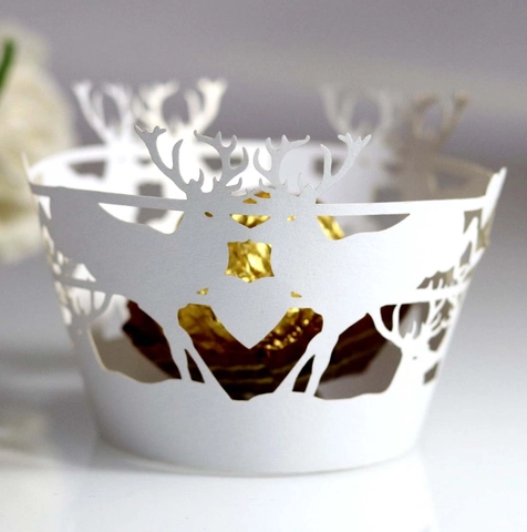 Festive Reindeer Heart Laser Cut Cupcake Wrappers Pearlescent Paper Forest Hollow Cupcake Liners For Christmas Wedding Party Decoration