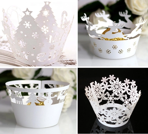 Envoltorios para Cupcakes de Navidad Corte Láser Cartón Calado Reno Copo de Nieve Árbol Patrones Decoraciones de Repostería