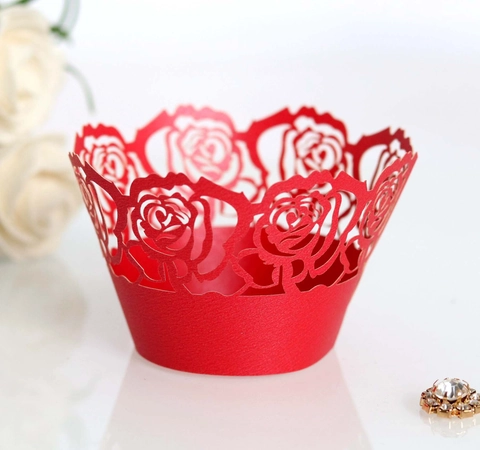 Eleganti Pirottini per Cupcake Taglio Laser Rosa Floreale Carta Perlacea Decorazioni per Torte per Matrimonio Compleanno Festa