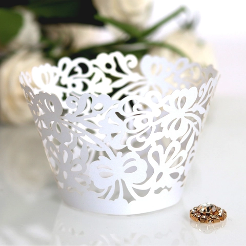 Laser Cut Pearl Paper Cupcake Wrappers Lace Hollow Out Butterfly Floral Cake Decoration For Wedding Birthday Party Favors