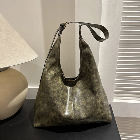 Bolso Tote de Cuero PU Vintage para Mujer Bolso de Hombro de Axila Minimalista Retro Color Sólido Bolso de Mano de Viaje