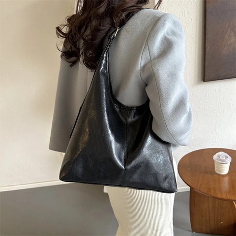 Bolso Tote de Cuero PU Vintage para Mujer Bolso de Hombro de Axila Minimalista Retro Color Sólido Bolso de Mano de Viaje