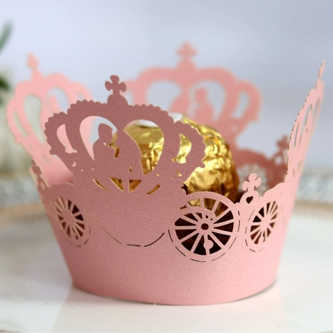 Laser Cut Pumpkin Carriage Cupcake Wrappers Crown Pattern Pearl Paper Hollow Out Cake Liners For Wedding Party Decorations