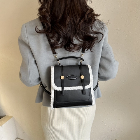 Zaino Patchwork da Donna Stile Academy Retrò in Pelle PU Con Bordo in Lana d'Agnello Artificiale Borsa a Mano Moda Scuola