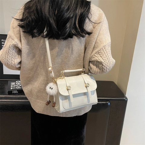 Women Urban Simple PU Leather Small Square Bag Vintage Solid Color Shoulder Bag With Plush Monster Pendant Crossbody Bag