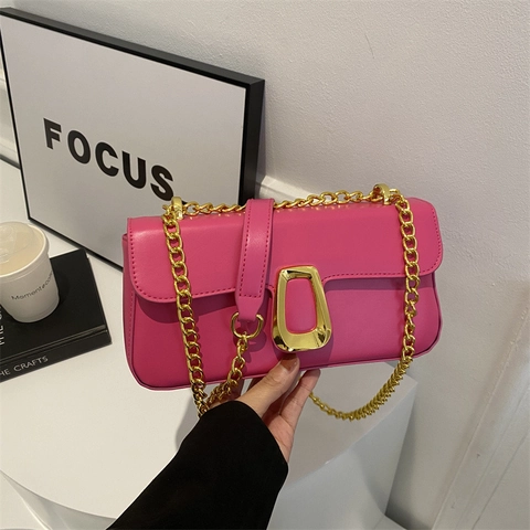 Minimalist PU Leather Small Square Bag For Women Modern Solid Color Shoulder Bag With Gold Metal Chain Strap Crossbody Bag