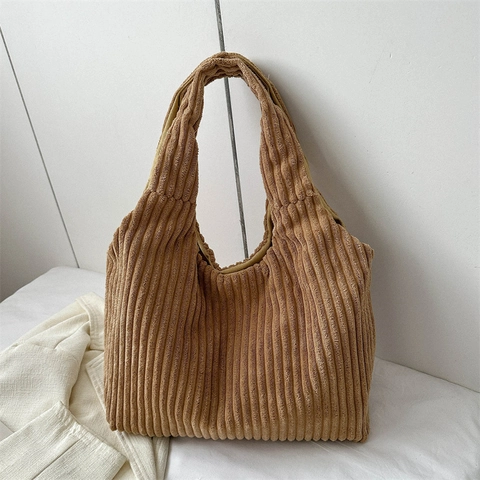 Women Corduroy Tote Bag Large Capacity Casual Striped Shoulder Bag For Commute Winter Solid Color Minimalist Handbag
