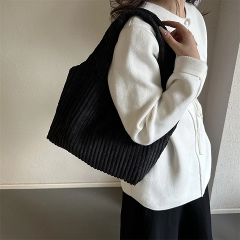 Women Corduroy Tote Bag Large Capacity Casual Striped Shoulder Bag For Commute Winter Solid Color Minimalist Handbag