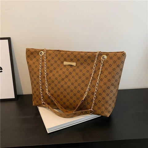 Borsa Tote da Donna in Pelle PU con Stampa Geometrica Retrò Grande Capacità Borsa a Tracolla con Catena d'Oro Moda Pendolare