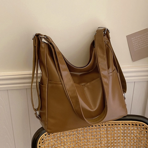 Women Vintage PU Leather Shoulder Bag Large Capacity Solid Color Casual Commute Fashion Shoulder Backpack Tote Bag For Lady