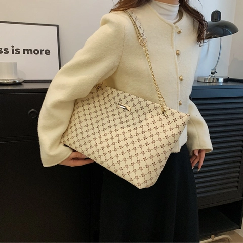Borsa Tote da Donna in Pelle PU con Stampa Geometrica Retrò Grande Capacità Borsa a Tracolla con Catena d'Oro Moda Pendolare