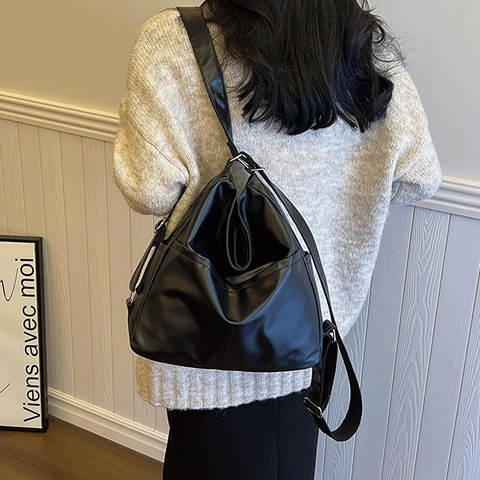 Women Vintage PU Leather Shoulder Bag Large Capacity Solid Color Casual Commute Fashion Shoulder Backpack Tote Bag For Lady