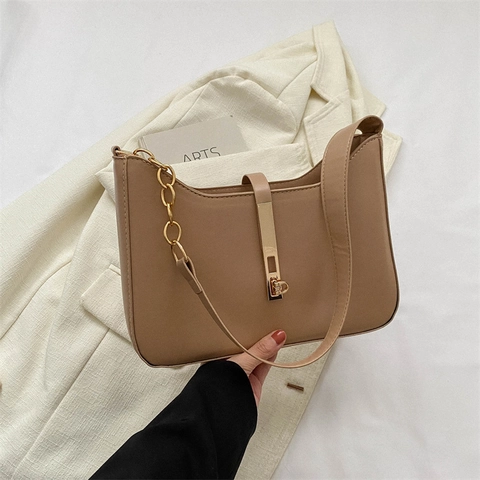 Bolso de Axila de Cuero PU Vintage para Mujer Minimalista Color Sólido Bolso de Hombro Con Hebilla de Metal Bolso Casual