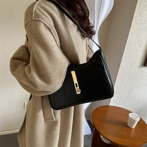 Bolso de Axila de Cuero PU Vintage para Mujer Minimalista Color Sólido Bolso de Hombro Con Hebilla de Metal Bolso Casual