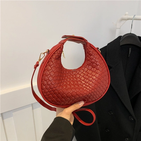 Dames Retro Gevlochten Halve Maan Tas Hobo Schoudertas Minimalistisch PU Leer Crossbody Handtas Met Afneembare Riem