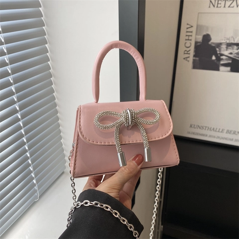 Women Mini Square Handbag Rhinestone Bowknot PU Leather Chain Shoulder Crossbody Bag Lady Fashion Square Bag For Party Daily
