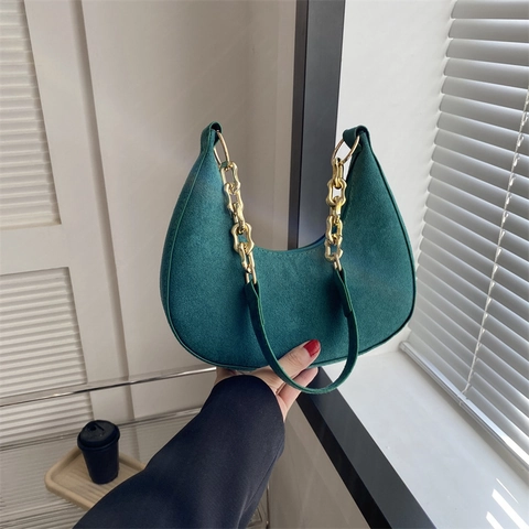 Elegante Bolso de Hombro Medialuna Terciopelo Color Sólido Con Cadena Dorada Minimalista Axila para Mujer Uso Diario