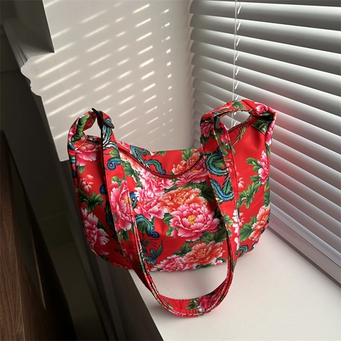 Traditional Chinese Style Floral Oxford Fabric Shoulder Bag Ethnic Peony Phoenix Print Large Capacity Hobo Bag For Women