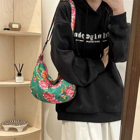 Traditional Chinese Style Floral Oxford Fabric Shoulder Bag Ethnic Peony Phoenix Print Large Capacity Hobo Bag For Women