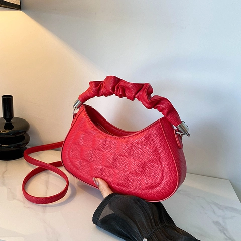 Fashion PU Leather Checkered Embossed Shoulder Bag For Women Ruched Handle Handbag Urban Minimalist Crossbody Square Bag