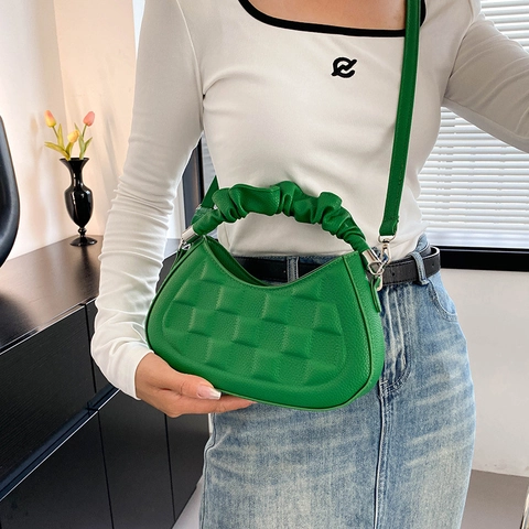 Fashion PU Leather Checkered Embossed Shoulder Bag For Women Ruched Handle Handbag Urban Minimalist Crossbody Square Bag