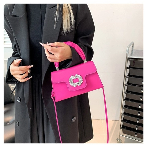 Women Fashion PU Leather Shoulder Bag Rhinestone Buckle Ruched Handle Crossbody Square Bag Daily Urban Trendy Purse Handbag