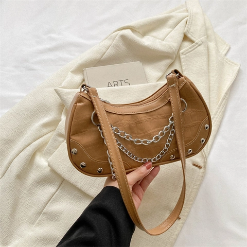 Bolso de Hombro Media Luna de Cuero PU Estilo Francés con Patrón de Cocodrilo Cadena Remaches Decoración Vintage Minimalista Bolso de Axila Mujer
