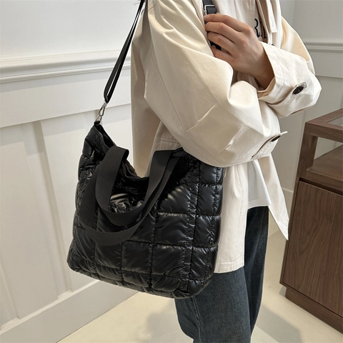 Bolso Tote Acolchado para Mujer Gran Capacidad Metálico Brillante Acolchado de Algodón Bolso de Hombro Bandolera para Viaje Diario