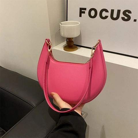 Women Minimalist PU Leather Crescent Underarm Bag Solid Color Small Hobo Shoulder Bag With Top Handle Fashion Daily Handbag