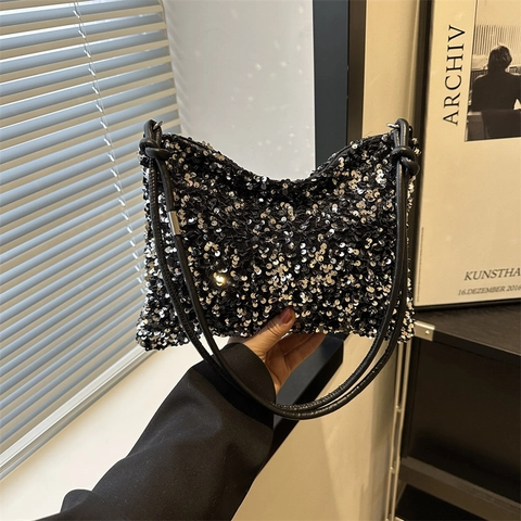 Borsa a Spalla da Donna con Paillettes Scintillanti Moda in Pelle PU Borsa Sottobraccio Grande Capacità per Festa
