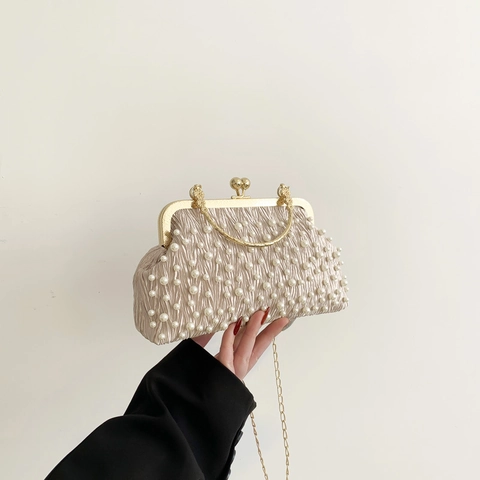 Vintage Pleated Nylon Evening Bag With Artificial Pearl Decor Elegant Women Clutch Bag Metal Chain Crossbody Bag For Wedding Party