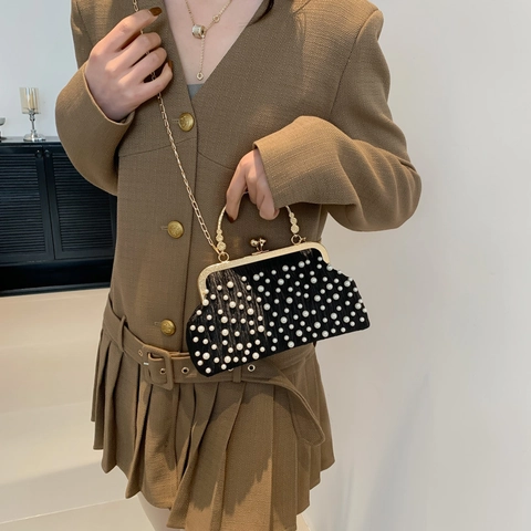 Borsa da Sera Plissettata con Perle da Donna Borsa a Conchiglia Vintage Catena d'Oro Borsa a Tracolla per Matrimonio Festa Elegante