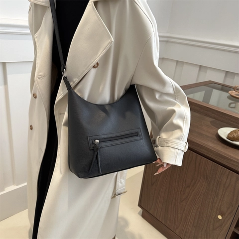 Borsa a Spalla in Pelle PU a Grande Capacità Con Motivo a Litchi Per Donna Borsa Tote Hobo Minimalista Con Tasca Frontale