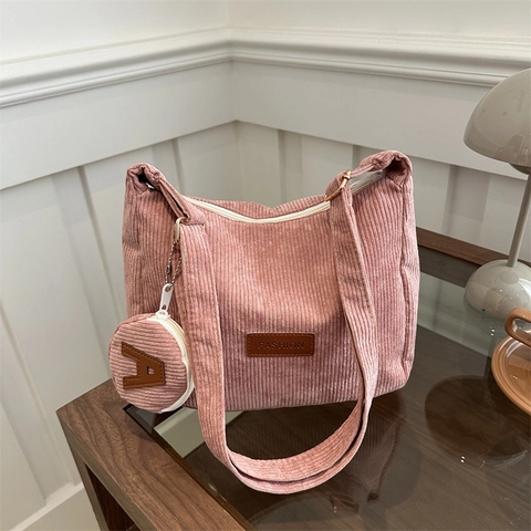 Vintage Corduroy Tote Bag With Mini Purse Retro Street Style Large Capacity Fashion Patch Shoulder Bag For Women Students