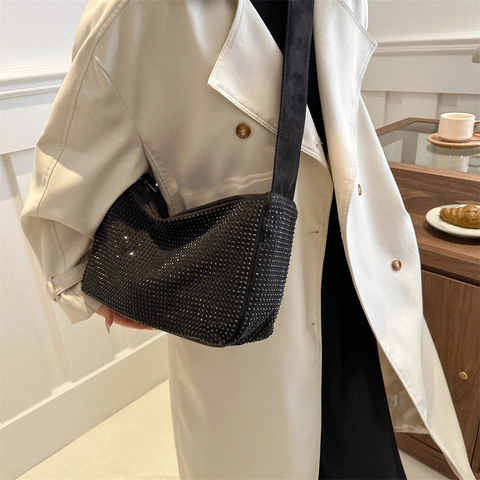 Women Fashion Sparkly Rhinestone Shoulder Bag Nylon Large Capacity Tote Bag Adjustable Wide Strap Crossbody Purse For Ladies