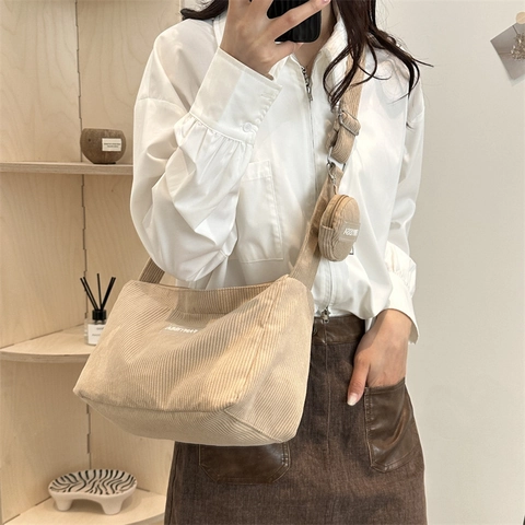 Damen Casual Cord Umhängetasche Große Kapazität Einfarbig Crossbody Bag Mit Mini Rundem Münzfach Retro Fashion Tote Bag