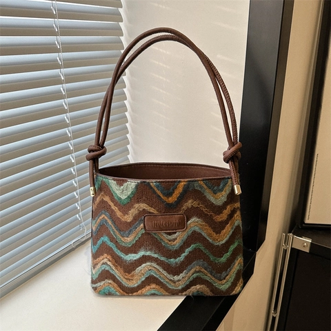 Bolso de Hombro de Punto con Patrón de Ondas para Mujer Bolso de Axila de Nailon de Contraste de Color Casual