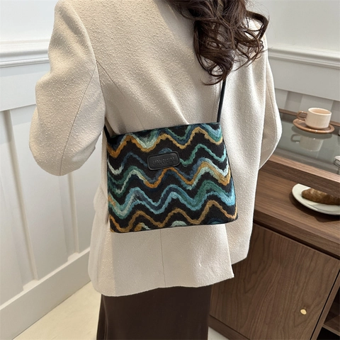 Bolso de Hombro de Punto con Patrón de Ondas para Mujer Bolso de Axila de Nailon de Contraste de Color Casual