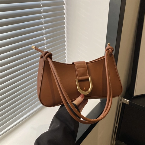Minimalistische PU Leder Unterarmtasche Für Damen Vintage Schultertasche Mit Goldener Schnalle Knotenriemen Lässige Handtasche
